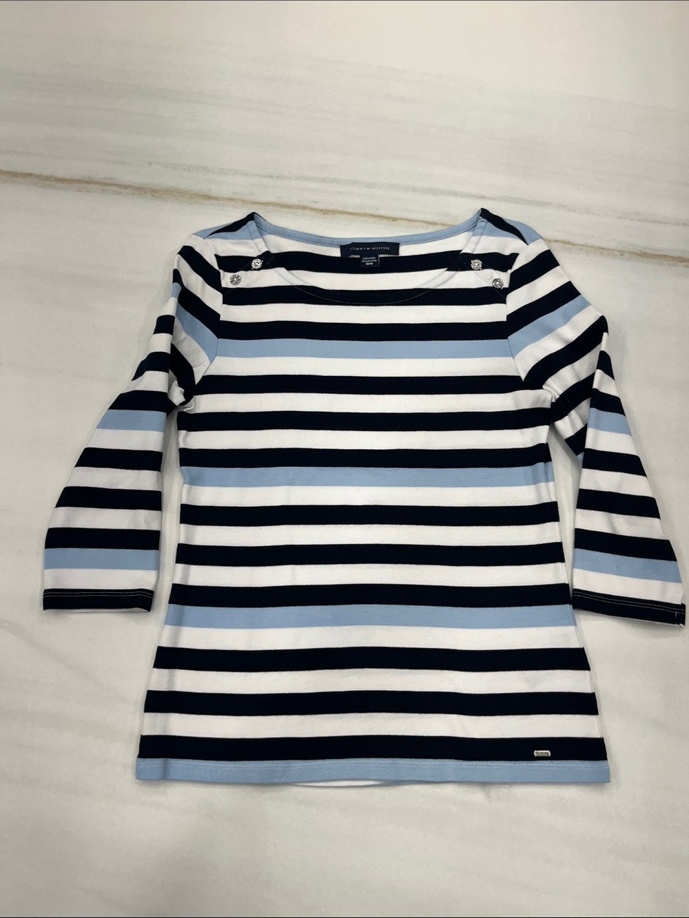 Tommy Hilfiger Navy, White & Light Blue Striped Boatneck Top